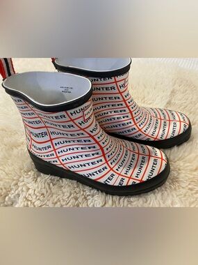 Hunter White Rain Boots with Red Grid and Black Logo